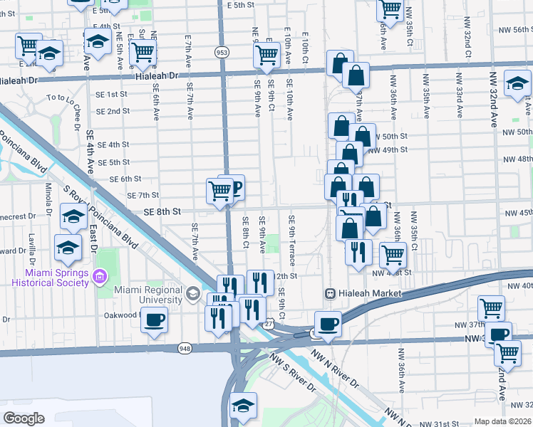 map of restaurants, bars, coffee shops, grocery stores, and more near 840 Southeast 9th Court in Hialeah