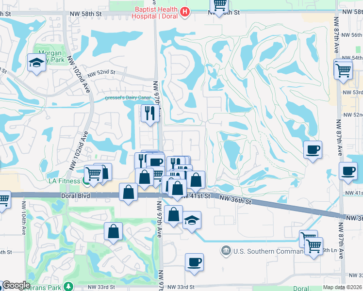 map of restaurants, bars, coffee shops, grocery stores, and more near 4628 Northwest 95th Avenue in Doral
