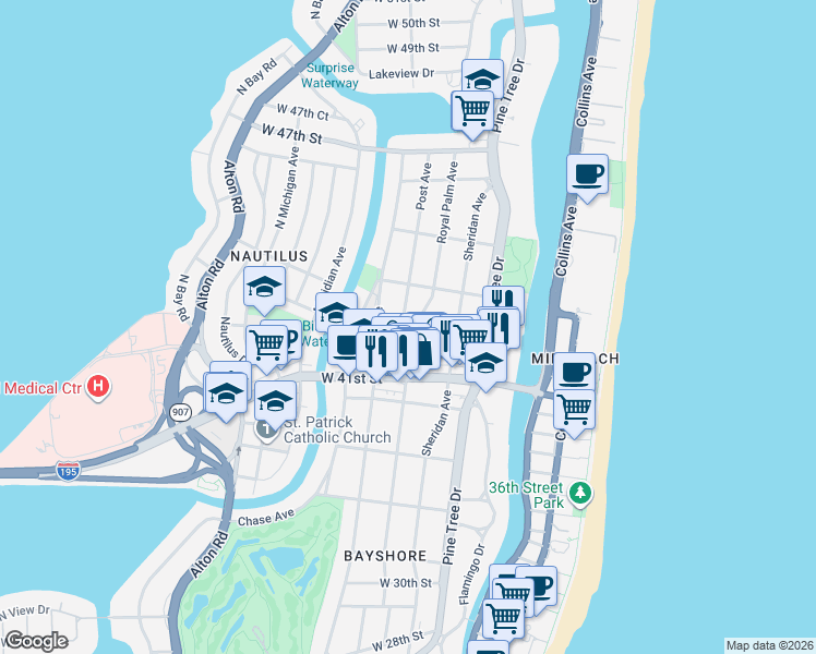 map of restaurants, bars, coffee shops, grocery stores, and more near 463 West 42nd Street in Miami Beach