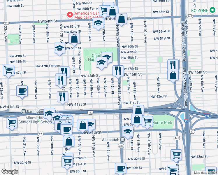 map of restaurants, bars, coffee shops, grocery stores, and more near 1253 Northwest 43rd Street in Miami