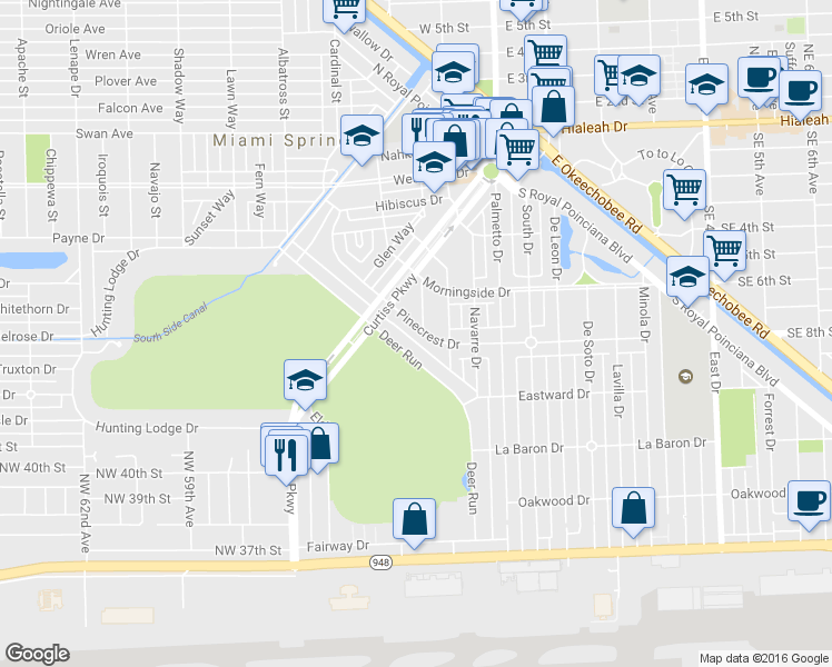 map of restaurants, bars, coffee shops, grocery stores, and more near 250 Pinecrest Drive in Miami Springs