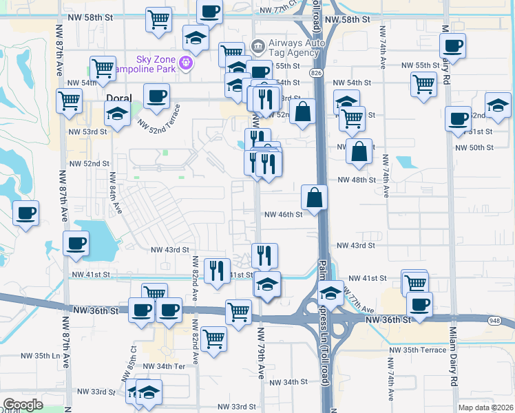 map of restaurants, bars, coffee shops, grocery stores, and more near 7878 Northwest 46th Street in Doral