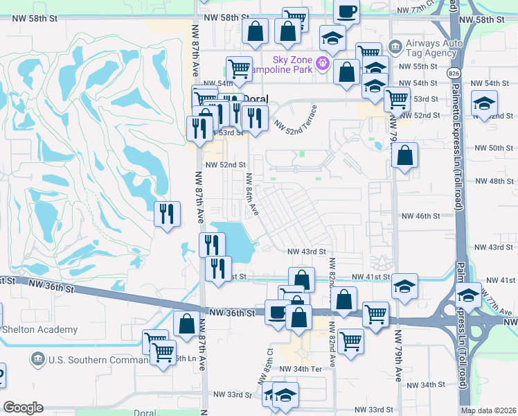 map of restaurants, bars, coffee shops, grocery stores, and more near 4696 Northwest 84th Avenue in Doral