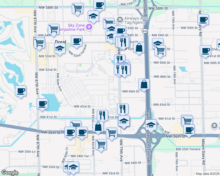 map of restaurants, bars, coffee shops, grocery stores, and more near 4650 Northwest 79th Avenue in Doral