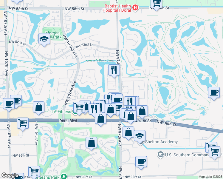 map of restaurants, bars, coffee shops, grocery stores, and more near 9757 Northwest 45th Lane in Doral