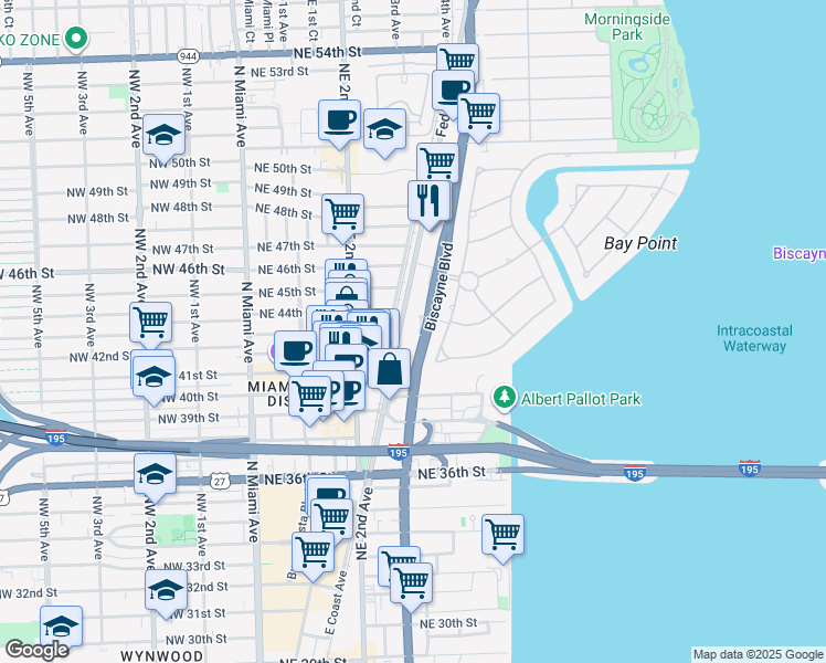 map of restaurants, bars, coffee shops, grocery stores, and more near 4160 Bay Point Road in Miami