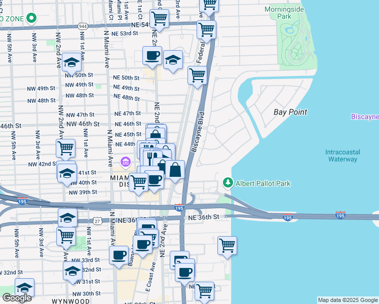 map of restaurants, bars, coffee shops, grocery stores, and more near 4160 Bay Point Road in Miami