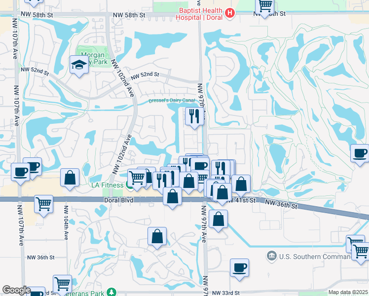 map of restaurants, bars, coffee shops, grocery stores, and more near 9757 Northwest 45th Lane in Doral