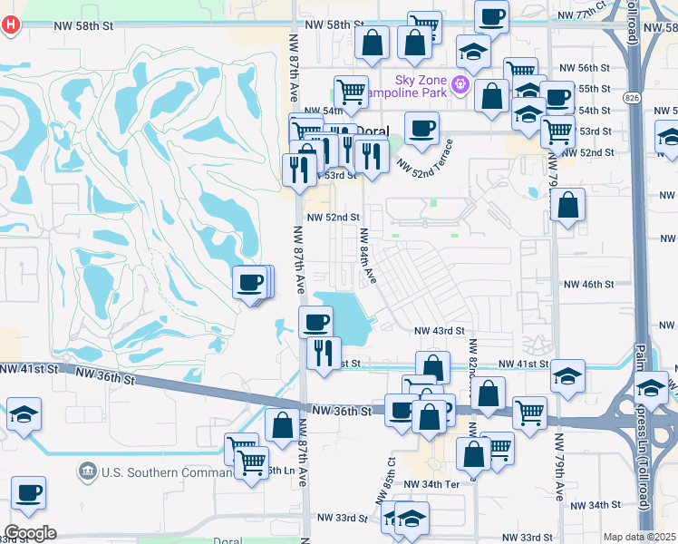 map of restaurants, bars, coffee shops, grocery stores, and more near 4761 Northwest 85th Avenue in Doral