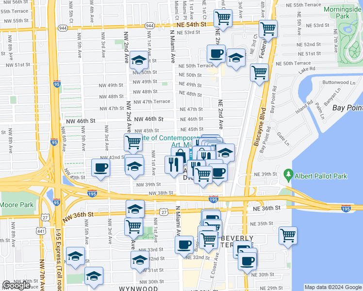 map of restaurants, bars, coffee shops, grocery stores, and more near 49 Northeast 42nd Street in Miami