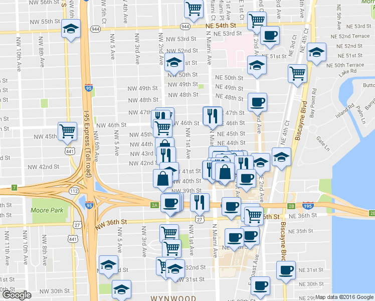 map of restaurants, bars, coffee shops, grocery stores, and more near 4185 Northwest 1st Avenue in Miami