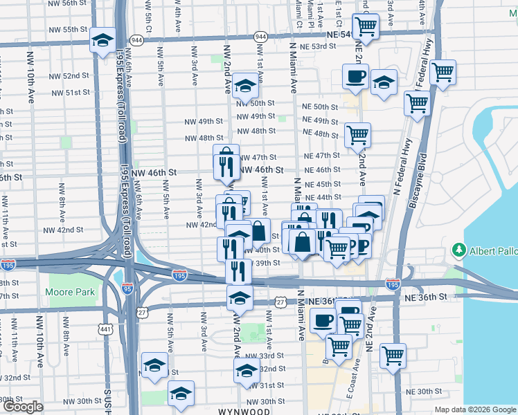 map of restaurants, bars, coffee shops, grocery stores, and more near 4185 Northwest 1st Avenue in Miami