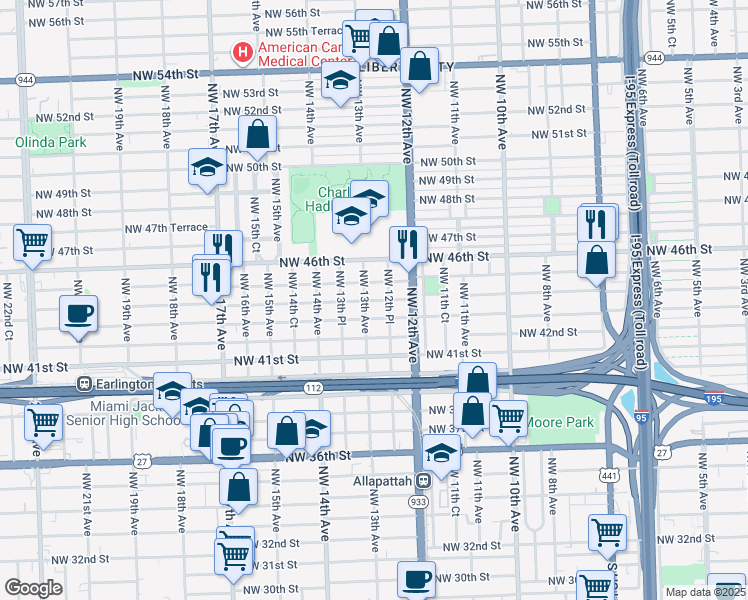 map of restaurants, bars, coffee shops, grocery stores, and more near 1253 Northwest 43rd Street in Miami