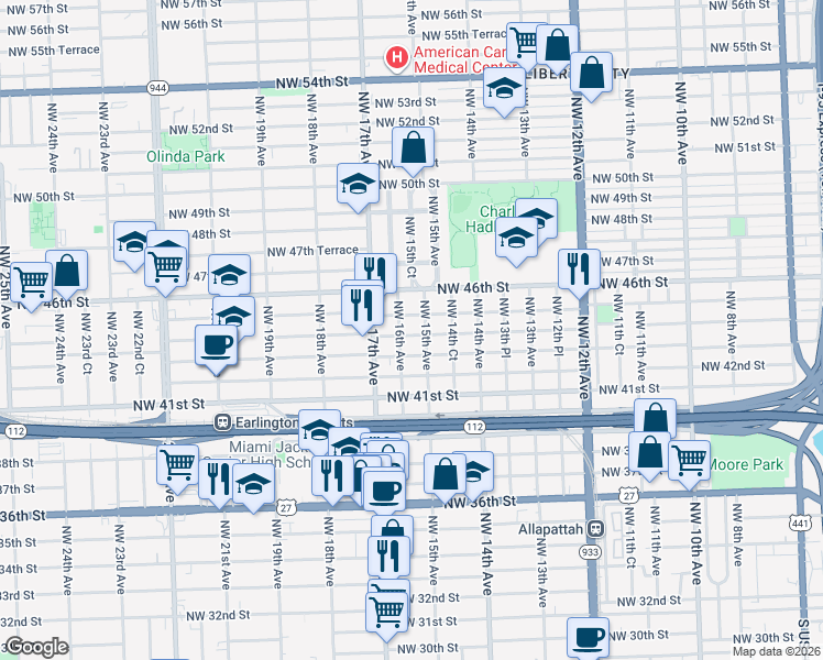map of restaurants, bars, coffee shops, grocery stores, and more near 1545 Northwest 43rd Street in Miami