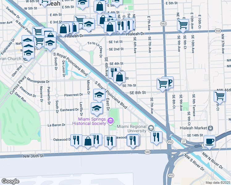 map of restaurants, bars, coffee shops, grocery stores, and more near 240 South Royal Poinciana Boulevard in Miami Springs