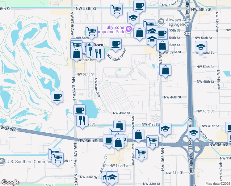 map of restaurants, bars, coffee shops, grocery stores, and more near 4663 Northwest 83rd Path in Doral