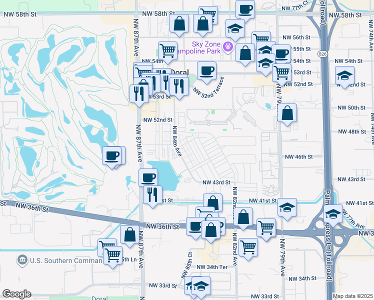 map of restaurants, bars, coffee shops, grocery stores, and more near 4696 Northwest 84th Avenue in Doral