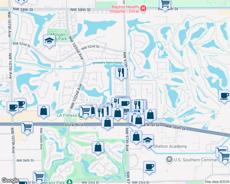 map of restaurants, bars, coffee shops, grocery stores, and more near 9757 Northwest 45th Lane in Doral