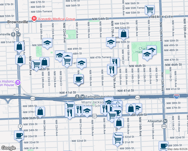 map of restaurants, bars, coffee shops, grocery stores, and more near 1859 Northwest 43rd Street in Miami