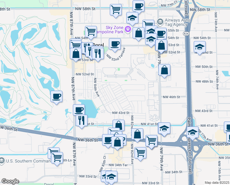 map of restaurants, bars, coffee shops, grocery stores, and more near 4663 Northwest 83rd Path in Doral