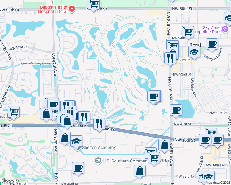 map of restaurants, bars, coffee shops, grocery stores, and more near 4561 Northwest 93rd Doral Court in Doral