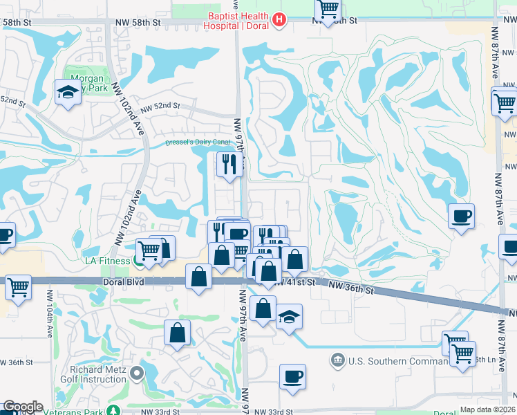 map of restaurants, bars, coffee shops, grocery stores, and more near 4628 Northwest 96th Avenue in Doral