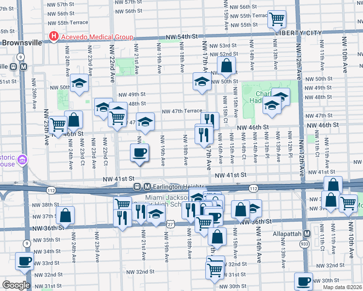 map of restaurants, bars, coffee shops, grocery stores, and more near 4313 Northwest 18th Avenue in Miami