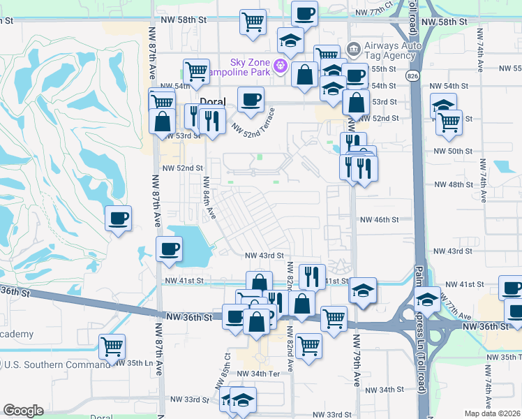 map of restaurants, bars, coffee shops, grocery stores, and more near 8252 Northwest 46th Terrace in Doral