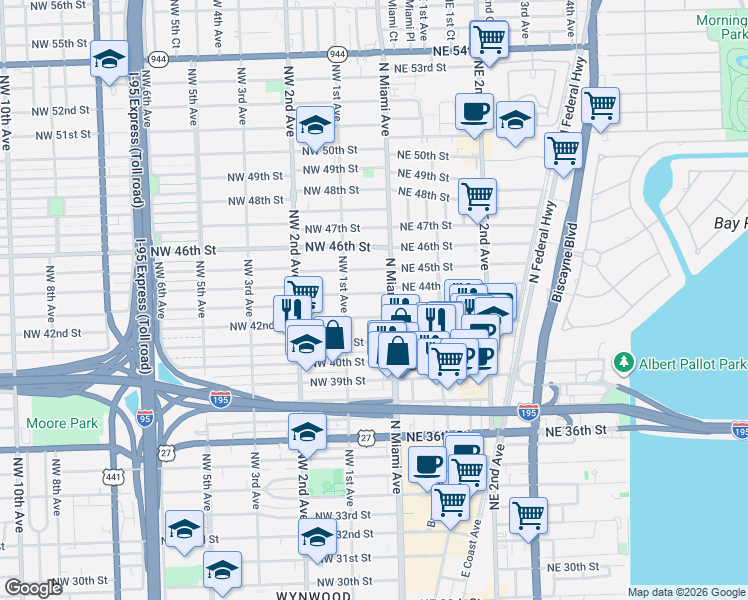 map of restaurants, bars, coffee shops, grocery stores, and more near 32 Northwest 42nd Street in Miami