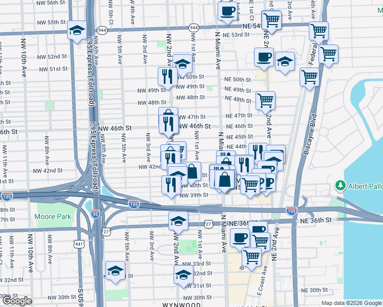 map of restaurants, bars, coffee shops, grocery stores, and more near in Miami
