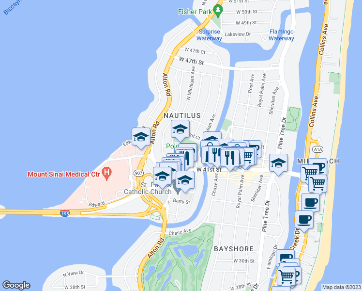 map of restaurants, bars, coffee shops, grocery stores, and more near 4301 North Michigan Avenue in Miami Beach