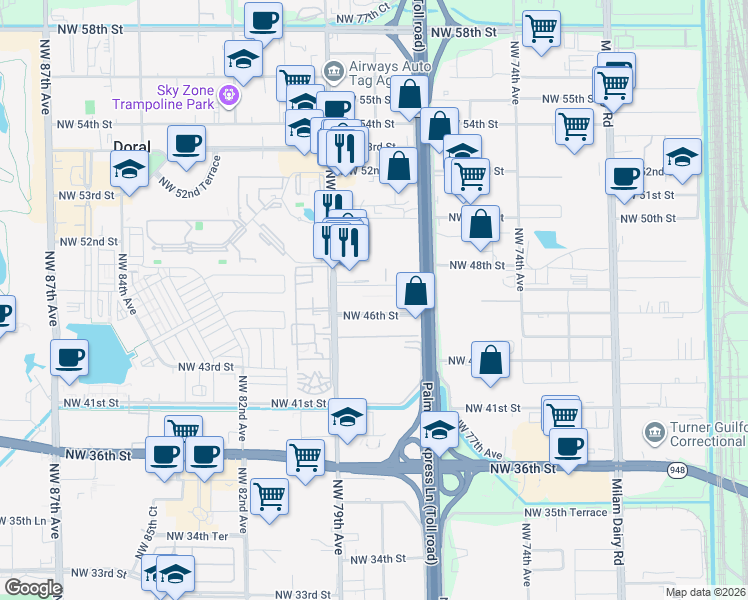 map of restaurants, bars, coffee shops, grocery stores, and more near 7791 Northwest 46th Street in Doral