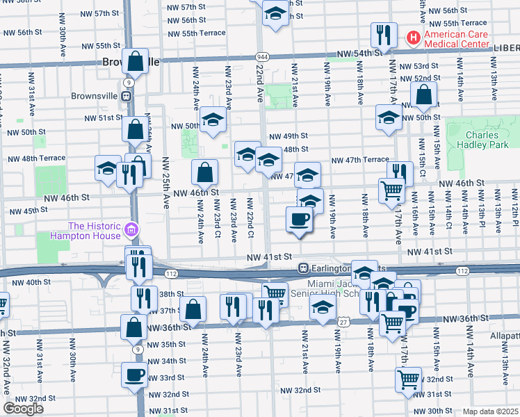 map of restaurants, bars, coffee shops, grocery stores, and more near 2180 Northwest 46th Street in Miami
