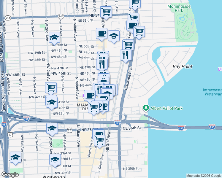map of restaurants, bars, coffee shops, grocery stores, and more near 261 Northeast 44th Street in Miami