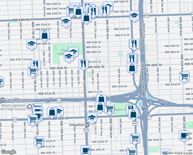 map of restaurants, bars, coffee shops, grocery stores, and more near 1100 Northwest 45th Street in Miami