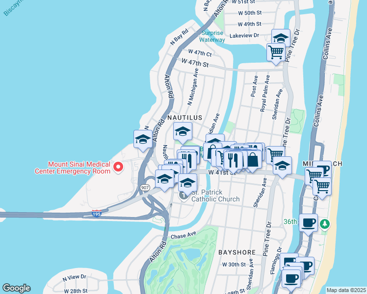 map of restaurants, bars, coffee shops, grocery stores, and more near 890 West 43rd Court in Miami Beach