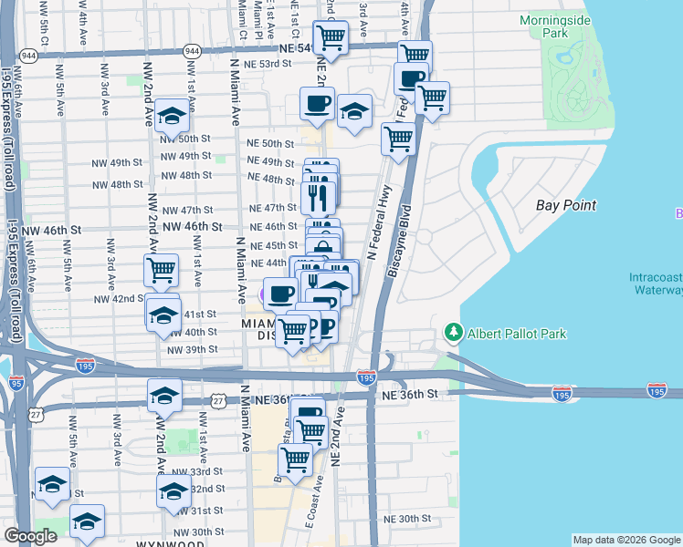 map of restaurants, bars, coffee shops, grocery stores, and more near 4416 Northeast 2nd Avenue in Miami