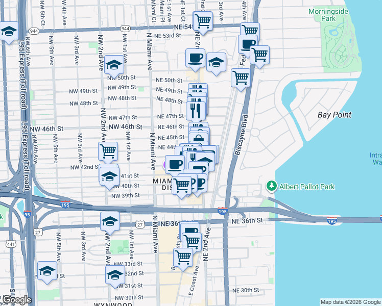 map of restaurants, bars, coffee shops, grocery stores, and more near 121 Northeast 44th Street in Miami