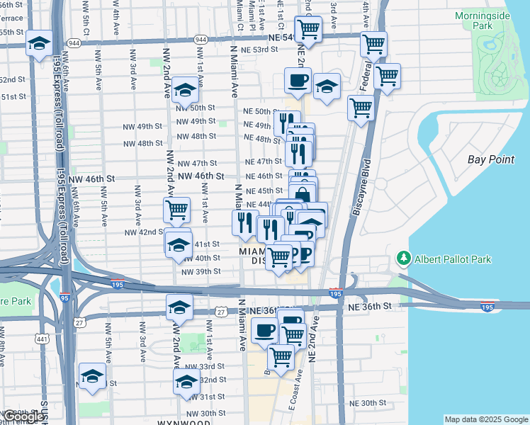 map of restaurants, bars, coffee shops, grocery stores, and more near 51 Northeast 44th Street in Miami