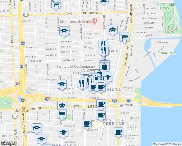 map of restaurants, bars, coffee shops, grocery stores, and more near 51 Northeast 44th Street in Miami