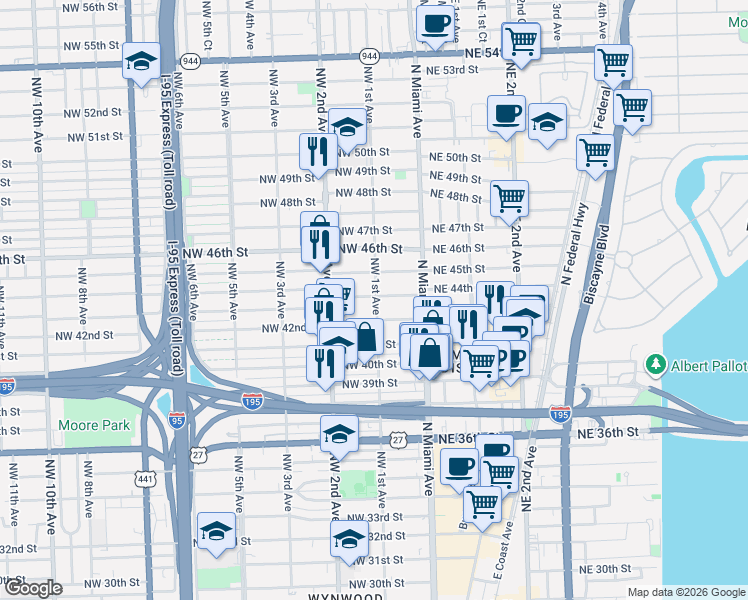map of restaurants, bars, coffee shops, grocery stores, and more near in Miami