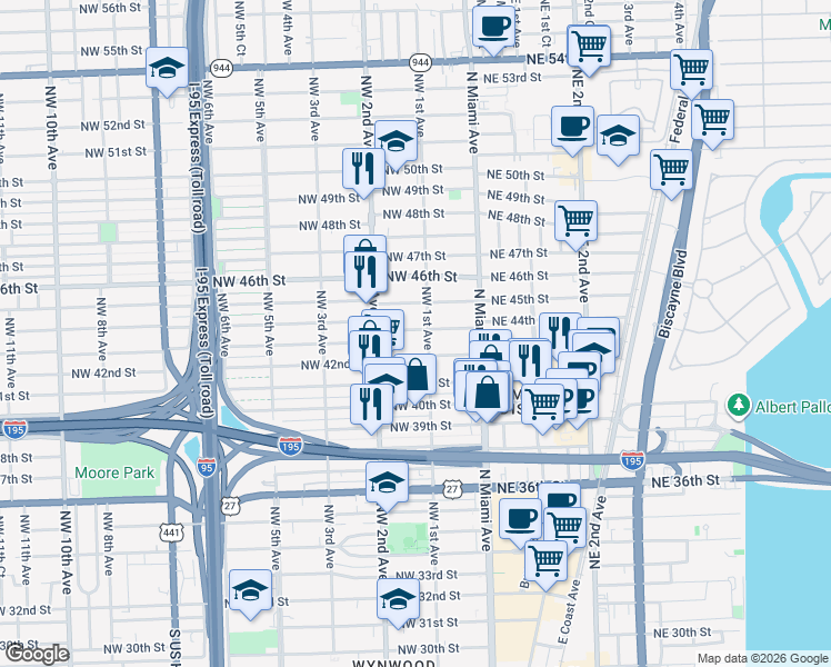 map of restaurants, bars, coffee shops, grocery stores, and more near in Miami