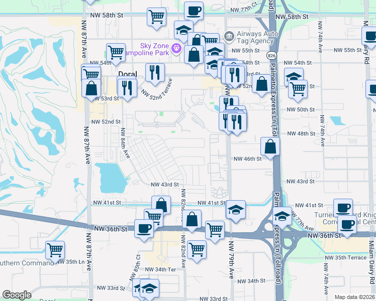 map of restaurants, bars, coffee shops, grocery stores, and more near 8144 Northwest 48th Terrace in Doral