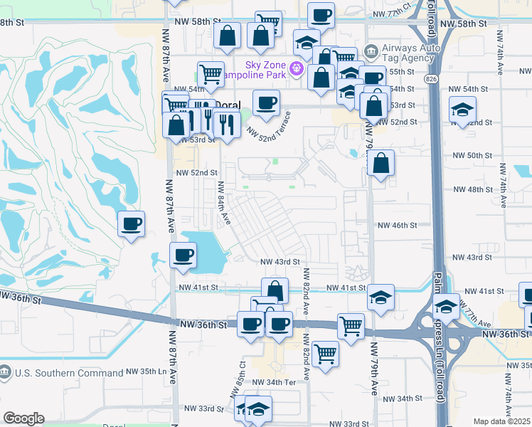 map of restaurants, bars, coffee shops, grocery stores, and more near 4834 Northwest 83rd Avenue in Doral