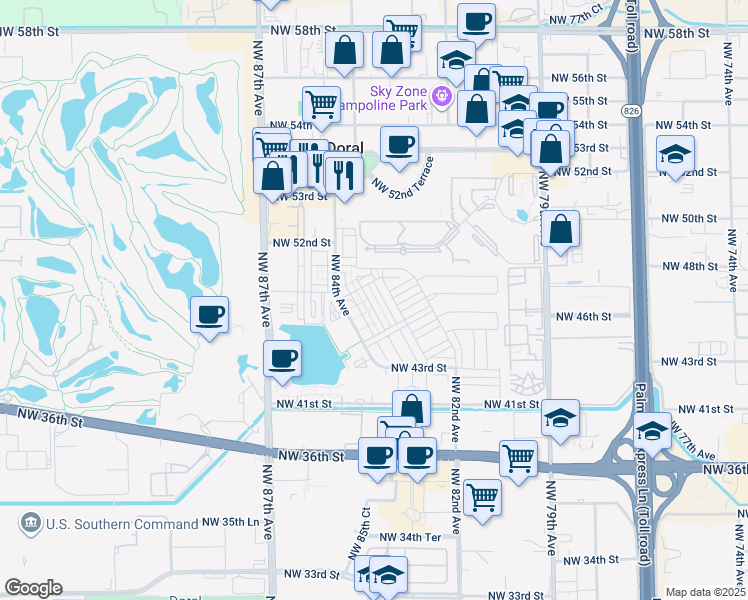 map of restaurants, bars, coffee shops, grocery stores, and more near 4834 Northwest 83rd Avenue in Doral