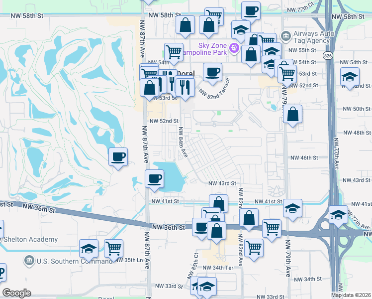 map of restaurants, bars, coffee shops, grocery stores, and more near 4946 Northwest 83rd Path in Doral