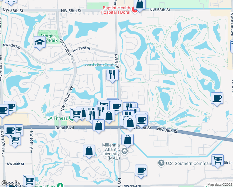 map of restaurants, bars, coffee shops, grocery stores, and more near 4667 Northwest 97th Court in Doral