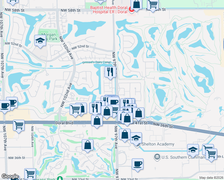 map of restaurants, bars, coffee shops, grocery stores, and more near 4667 Northwest 97th Court in Doral