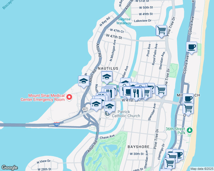 map of restaurants, bars, coffee shops, grocery stores, and more near 4301 North Michigan Avenue in Miami Beach