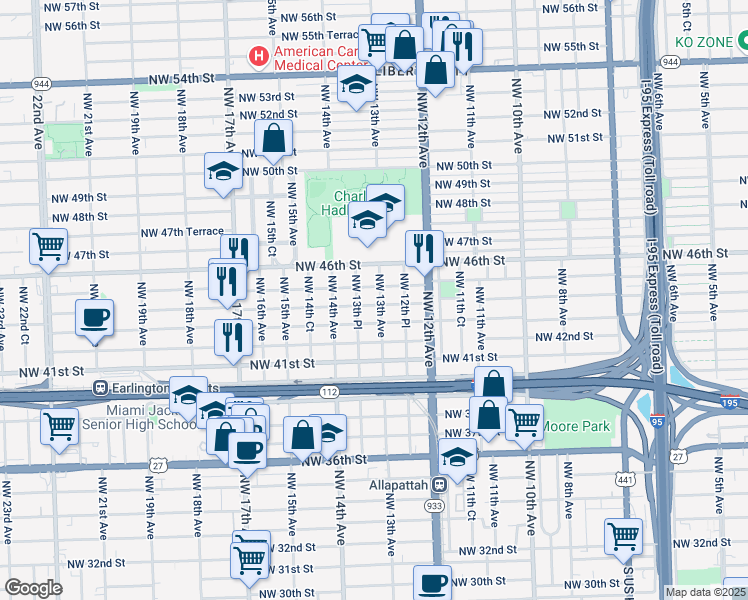 map of restaurants, bars, coffee shops, grocery stores, and more near 1321 Northwest 45th Street in Miami